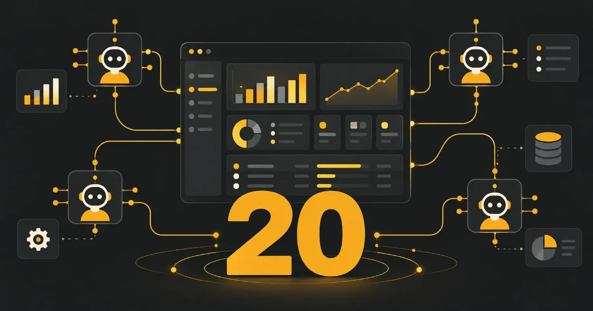 Odoo 20 : tableau de bord ERP relié à des agents IA, avec le chiffre 20 en jaune